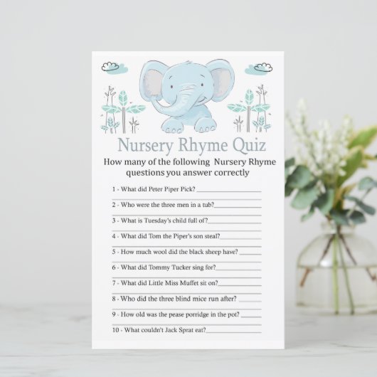 Blauwe olifant Nursery Rhyme Quiz baby shower game (Staand voorkant)