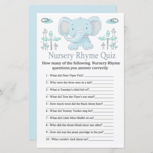 Blauwe olifant Nursery Rhyme Quiz baby shower game (Voorkant / Achterkant)