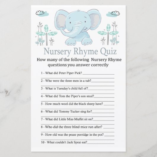 Blauwe olifant Nursery Rhyme Quiz baby shower game (Voorkant)