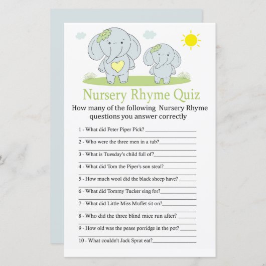 Blauwe olifant Nursery Rhyme Quiz baby shower game (Voorkant / Achterkant)