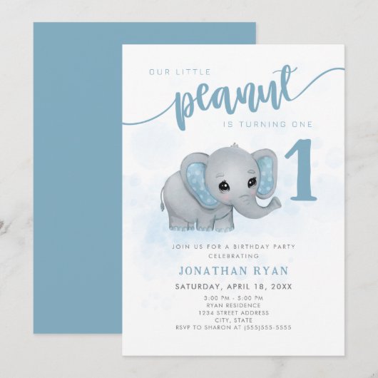 Blauwe Olifant Onze Kleine Pinda Eerste Verjaardag Kaart (Voorkant / Achterkant)