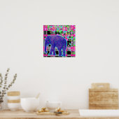 Blauwe olifant op roze speldenachtergrond Poster (Keuken)