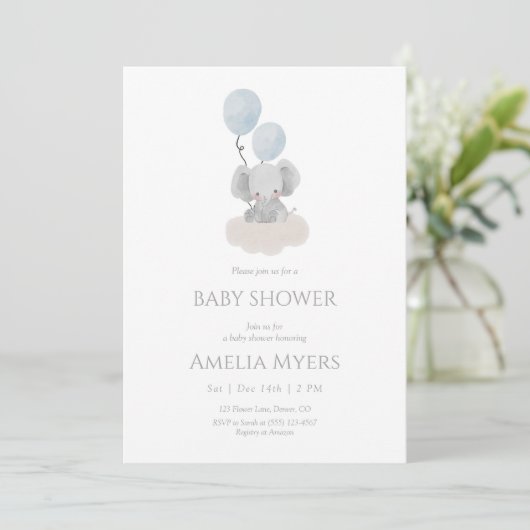 Blauwe Olifant op Witte Wolken Baby Shower Uitnodi Kaart (Staand voorkant)