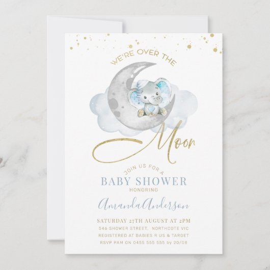 Blauwe olifant over het Baby shower Moon Kaart (Voorkant)