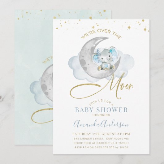 Blauwe olifant over het Baby shower Moon Kaart (Voorkant / Achterkant)