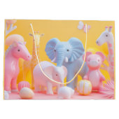 Blauwe olifant, roze paard op geel groot cadeauzakje (Achterkant)