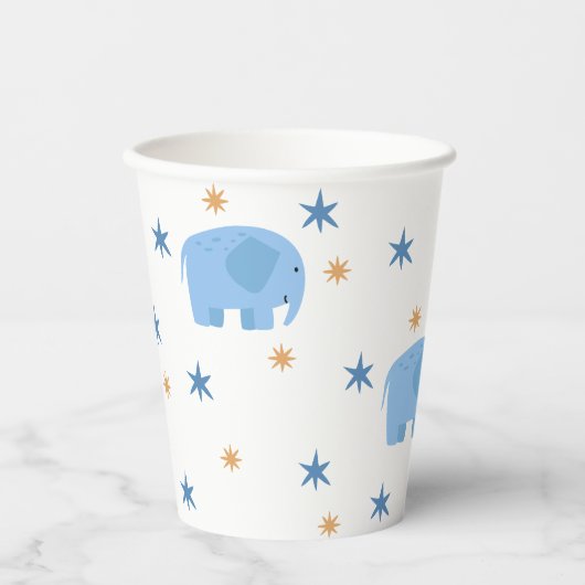 Blauwe Olifant & Sterren. Safari Jungle Kinderverj Papieren Bekers (Voorkant)