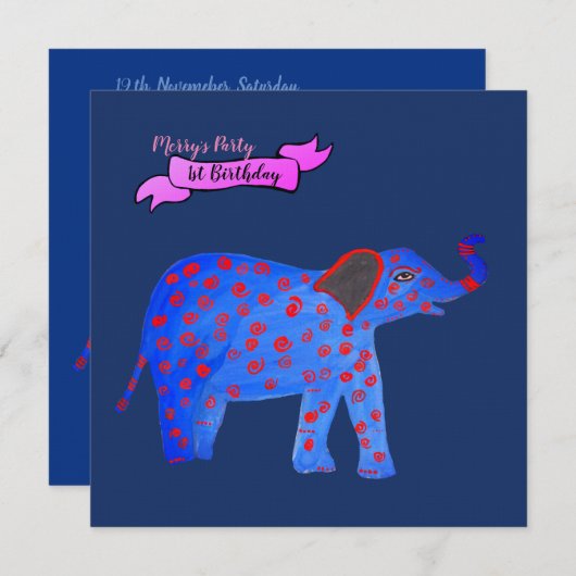 Blauwe Olifant Tekening Uitnodiging Franse Bulldog (Voorkant / Achterkant)