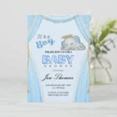 Blauwe Olifant Uitnodiging Baby Borrel (Staand voorkant)