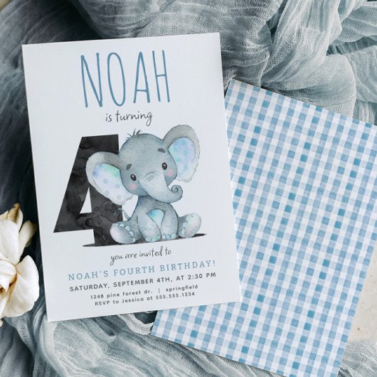 Blauwe olifant vierde verjaardag uitnodiging