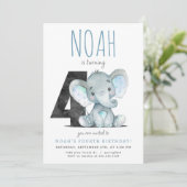 Blauwe olifant vierde verjaardag uitnodiging (Staand voorkant)