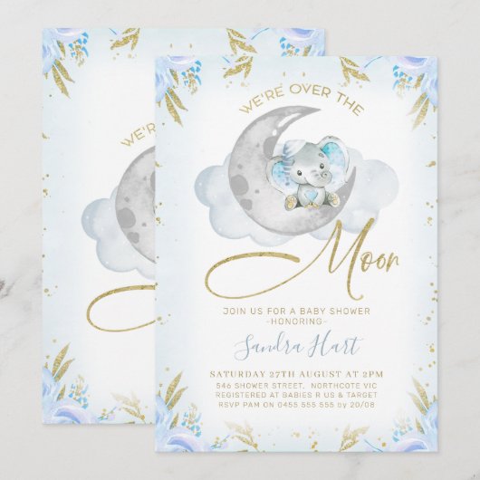 Blauwe olifant we zijn over het Baby shower van de Kaart (Voorkant / Achterkant)