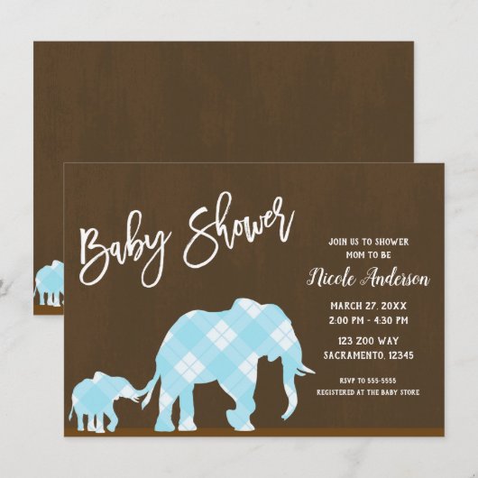 Blauwe olifanten bruin Trendy modern Baby shower Kaart (Voorkant / Achterkant)
