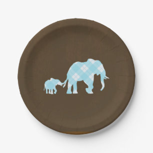 Blauwe Olifanten Bruine Trendy Moderne Baby Shower Papieren Bordje