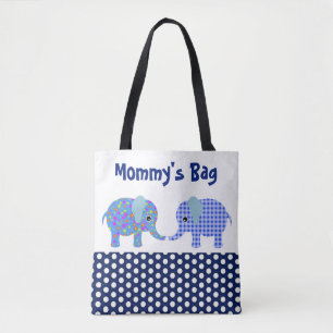 Blauwe olifanten met Navy Blue Polka Dots Block Tote Bag