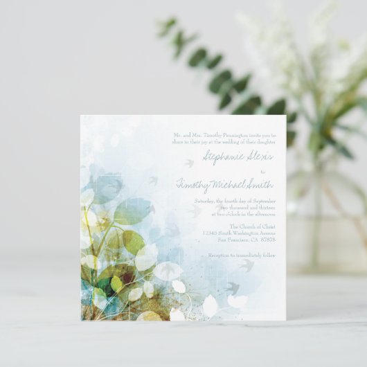 Blauwe olijfgroene blaadvogels trouwuitnodiging kaart (Staand voorkant)