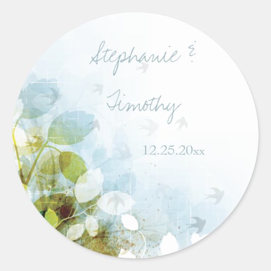 Blauwe olijfgroene bladvogels trouwstokjes ronde sticker (Voorkant)