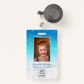 Blauwe ombre glitter marmer logo werknemer foto badge (Voorkant met intrekbare)