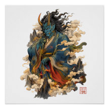 Blauwe Oni-demonenkrijger | Japanse Yokai-mytholog