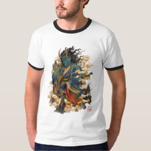 Blauwe Oni Duivel Krijger Japanse Yokai Mytholog T-shirt