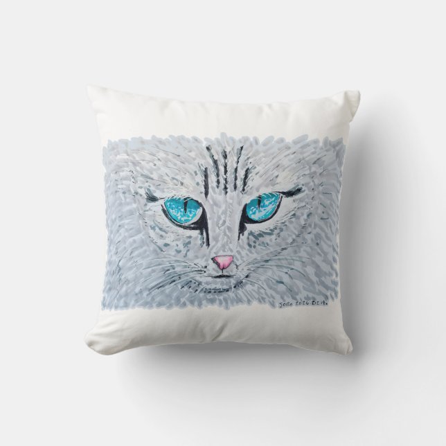 Blauwe Oog Fluffy Kat Kussen (Voorkant)