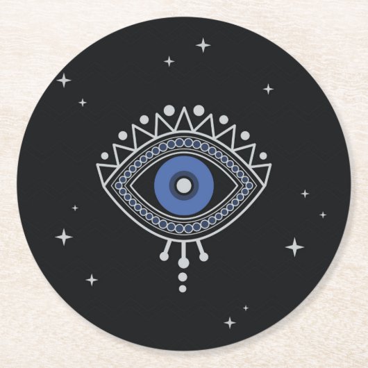 Blauwe oogbescherming tegen slechte energie ronde kartonnen onderzetter (Voorkant)