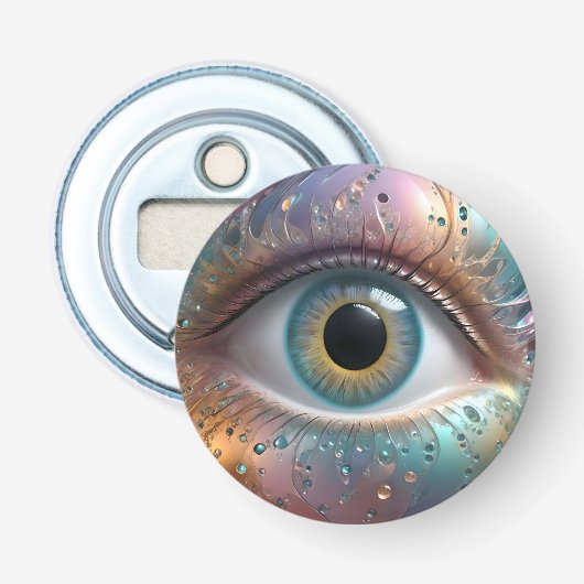 Blauwe oogbol fractale kunst, button flesopener (Voorkant)