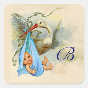 BLAUWE OOIEVAAR BABY SHOWER MONOGRAM VIERKANTE STICKER