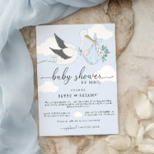Blauwe Ooievaar Baby Shower Uitnodiging per Post