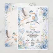 Blauwe Ooievaar Babyshower Uitnodiging | Elegante (Voorkant / Achterkant)