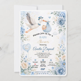 Blauwe Ooievaar Babyshower Uitnodiging | Elegante