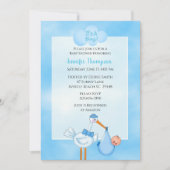 Blauwe Ooievaar Jongens Baby Shower Uitnodigingen (Voorkant)