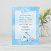 Blauwe Ooievaar Jongens Baby Shower Uitnodigingen (Staand voorkant)