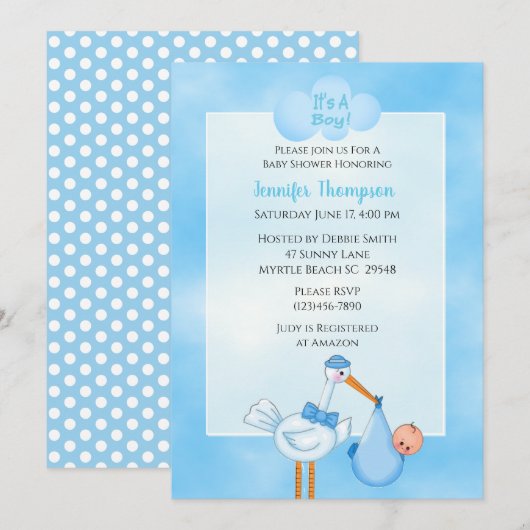 Blauwe Ooievaar Jongens Baby Shower Uitnodigingen (Voorkant / Achterkant)