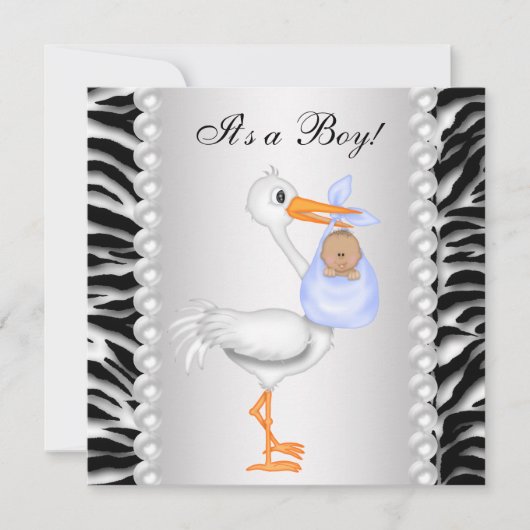 Blauwe Ooievaar Zebra Baby Jongens Shower Kaart (Voorkant)