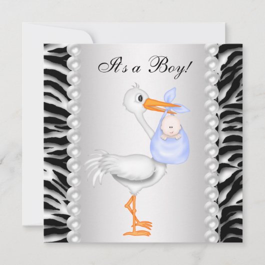 Blauwe Ooievaar Zebra Baby Shower Uitnodigingen (Voorkant)