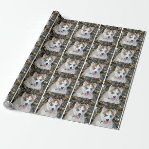 Blauwe ooise Siberian Husky Kerstmis Cadeaupapier