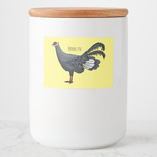 Blauwe oorfazant vogel cartoon voedselcontainer etiket (Voorkant)