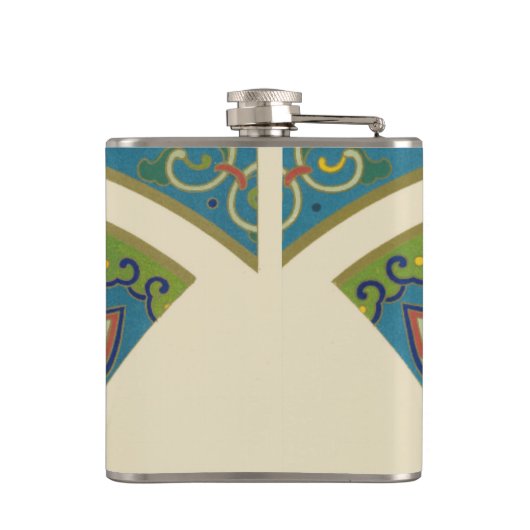 Blauwe oosterse Design met glimlende gezichten Heupfles (Achterkant)