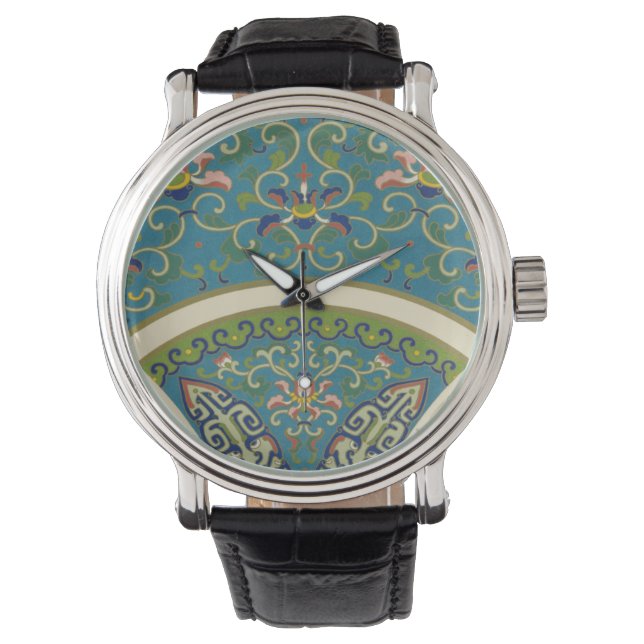 Blauwe oosterse Design met glimlende gezichten Horloge (Voorkant)