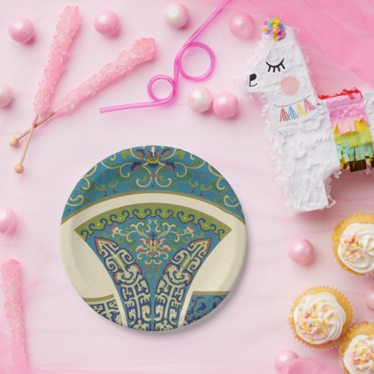 Blauwe oosterse Design met glimlende gezichten Papieren Bordje (Feest)