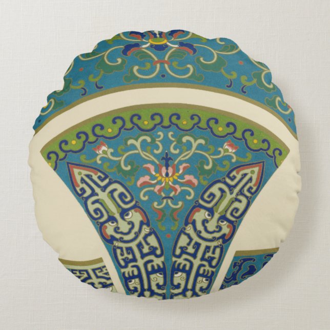 Blauwe oosterse Design met glimlende gezichten Rond Kussen (Voorkant)