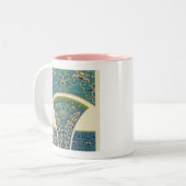 Blauwe oosterse Design met glimlende gezichten Tweekleurige Koffiemok (Voorkant links)