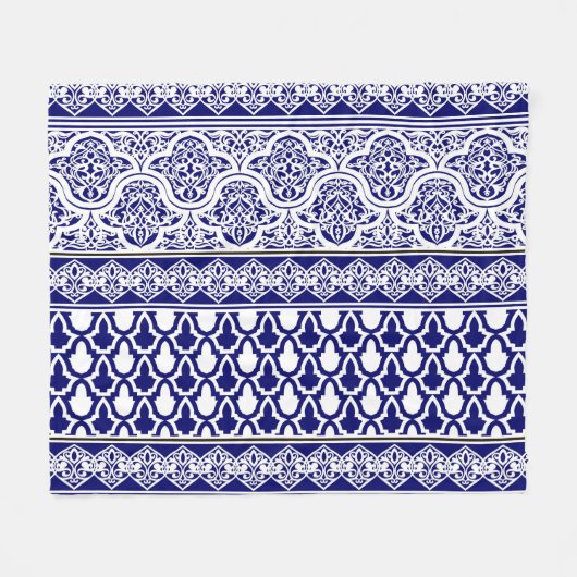 Blauwe oosterse elegantie: filigraan patchwork set fleece deken (Voorkant (Horizontaal))