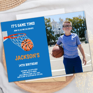 Blauwe Oranje Basketball Birthday Invitation foto Kaart