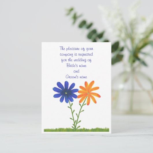 Blauwe oranje bloemen Weddenschap Briefkaarten (Staand voorkant)