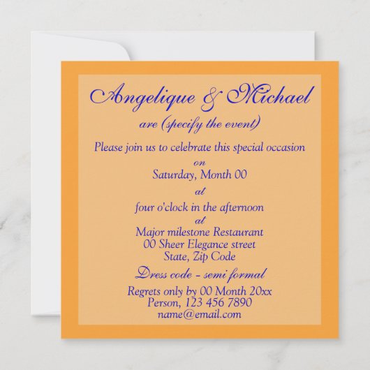 Blauwe oranje bruiloft verloving kaart (Achterkant)