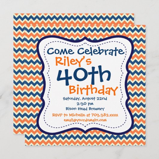 Blauwe Oranje Chevron 40e verjaardag uitnodiging (Voorkant / Achterkant)