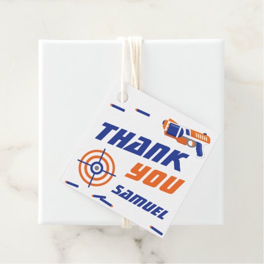 Blauwe, Oranje Dart War Birthday Party Dank je Bedankjes Labels (In situ)