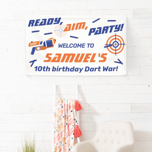 Blauwe, Oranje Dart War Birthday Party, Welkom Spandoek (Insitu)